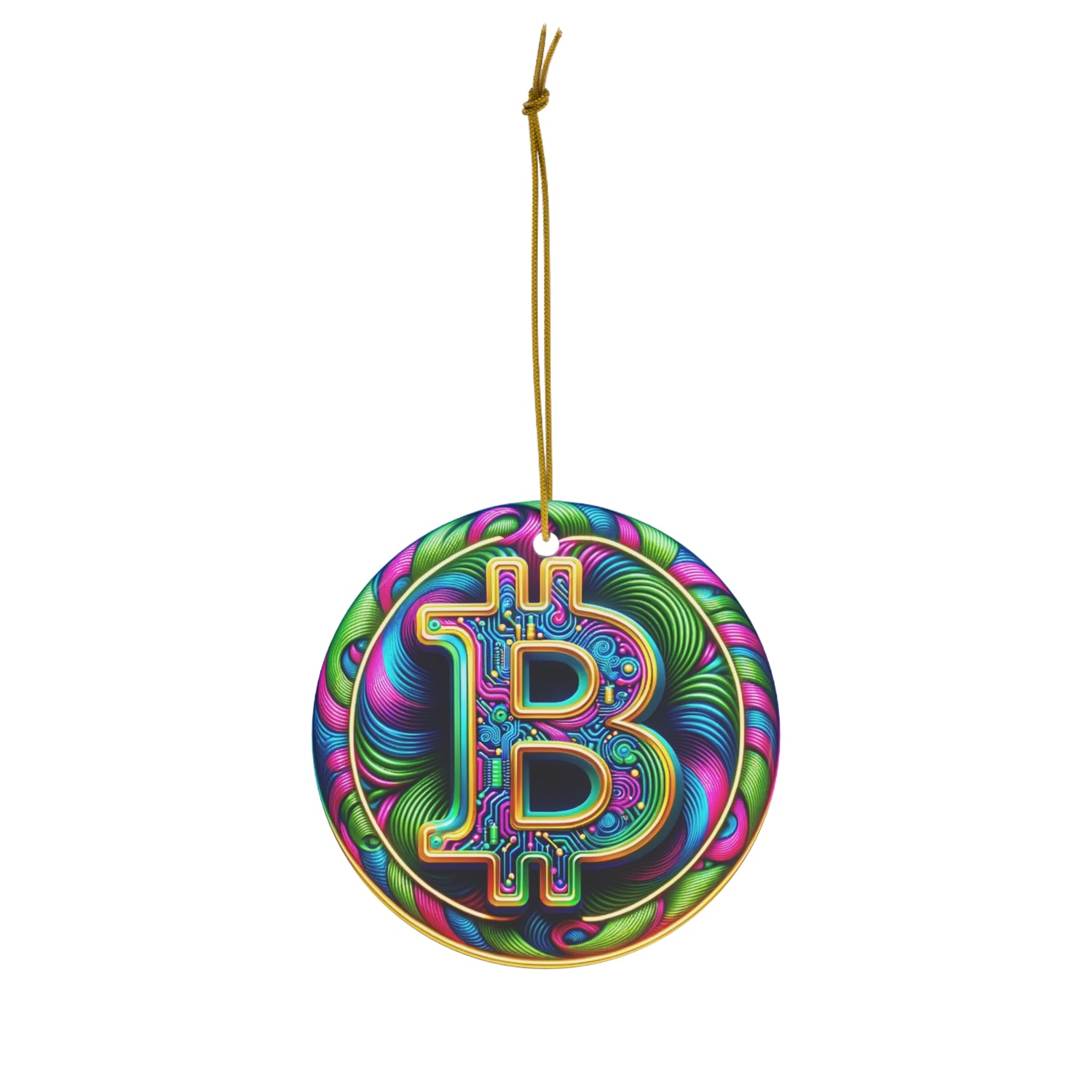 Psychedelic Bitcoin Logo Christmas Ornament - Unique Ceramic Decor for Crypto Enthusiasts