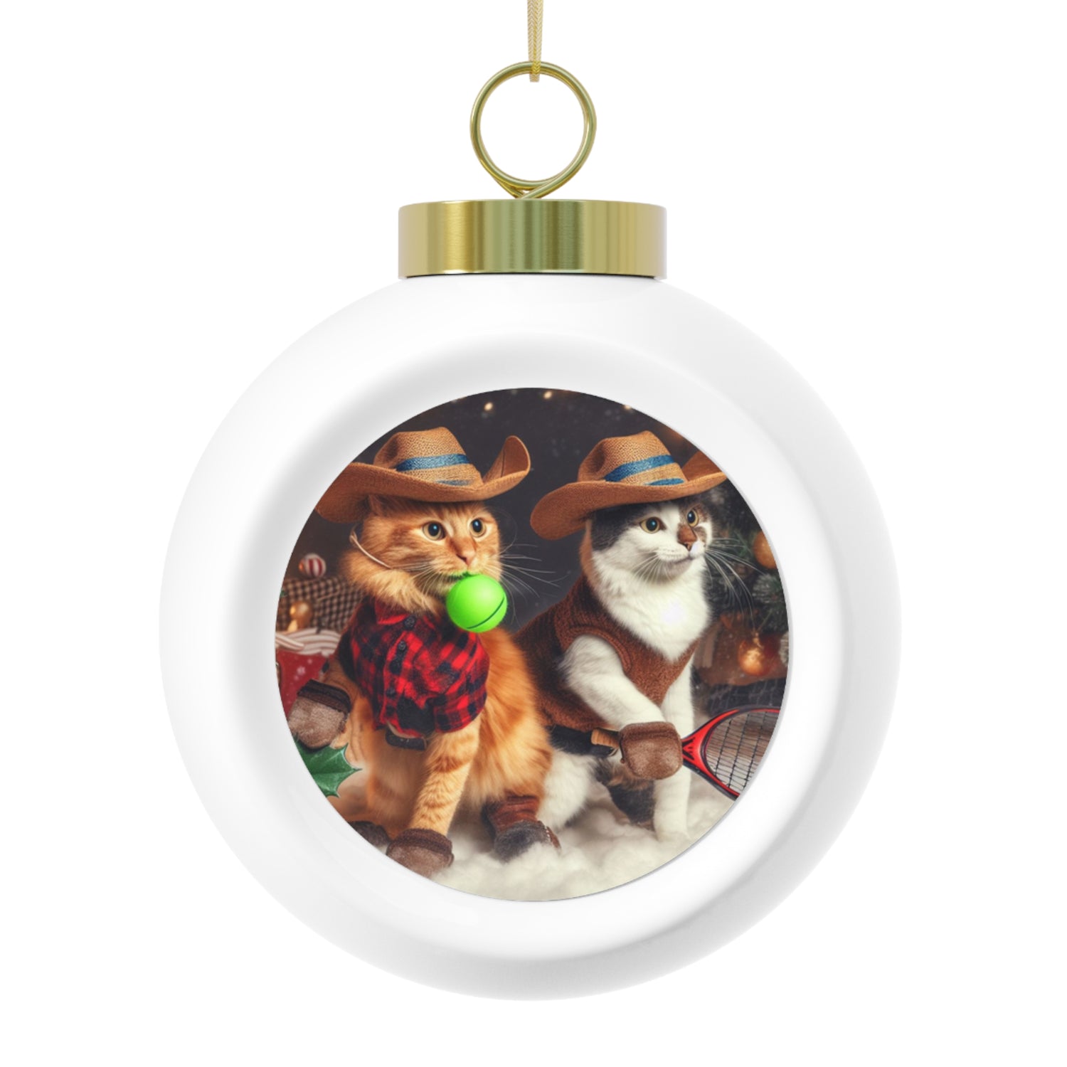 Western Cats & Pickleball Christmas Ornament - Unique 3" Ceramic Ball with Festive Design